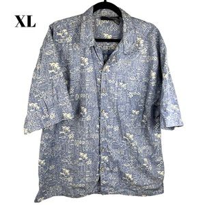 XL OP Sport Reverse Style Blue & White Button Up Aloha Shirt Polynesian Tribal